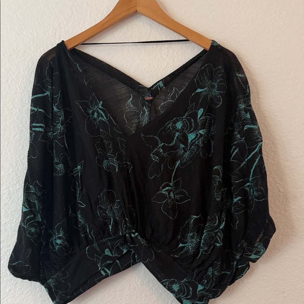 Free People Black and Teal Floral Blouse
